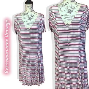 Love Fire Ruched Sleeve Pink Striped Casual Stretch Sun Dress, XL